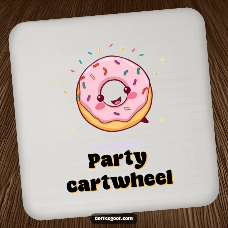 Funny drink coasters set with a smiling donut doing a cartwheel, sprinkles flying. Protects tables while adding a sweet, humorous touch.