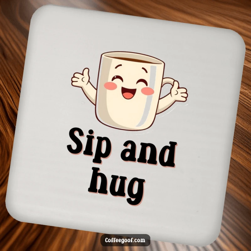 Funny drink coasters set featuring a smiling coffee mug with open arms, ready for a hug. Protects furniture with a cheerful design.