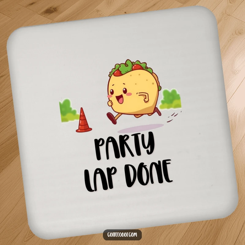 Funny drink coasters set with a taco with legs sprinting towards a finish line. Protects tables while adding a humorous touch.