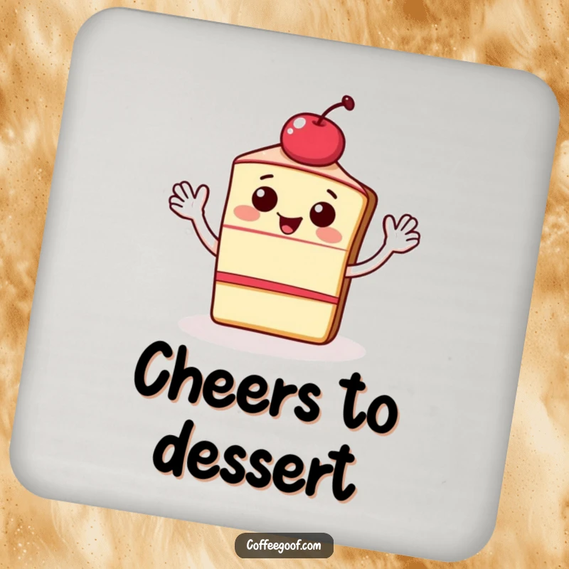Funny drink coasters set with a happy slice of cake and cherry waving energetically. Protects tables while adding a sweet, humorous touch.