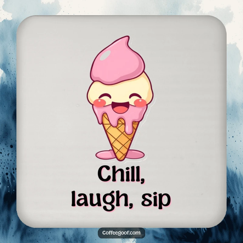 Funny giggling ice cream cone coaster, melting with laughter, offering a sweet, humorous, and protective accent for tabletops.