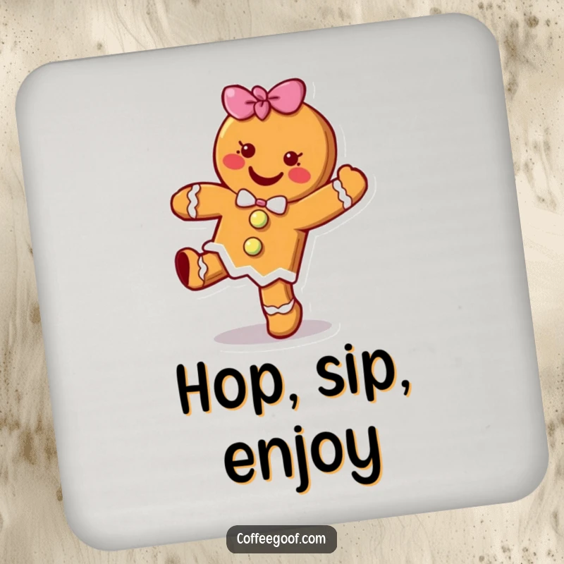 Funny cheerful gingerbread cookie character doing a happy little hop on a round drink coaster, a festive cartoon accessory