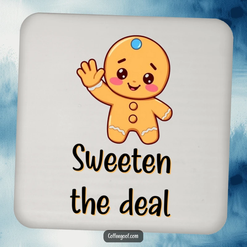 Funny gingerbread drink coaster featuring a cheerful cookie giving a friendly wave, protecting surfaces with festive holiday charm.