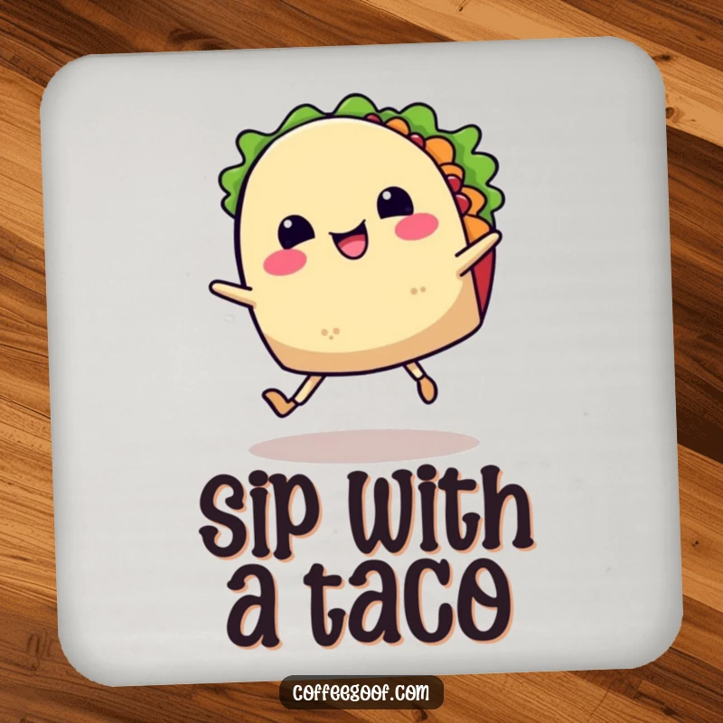 Funny drink coaster depicting a happy taco with legs dancing a jig, symbolizing festive fun and culinary delight, perfect for protecting tabletops.
