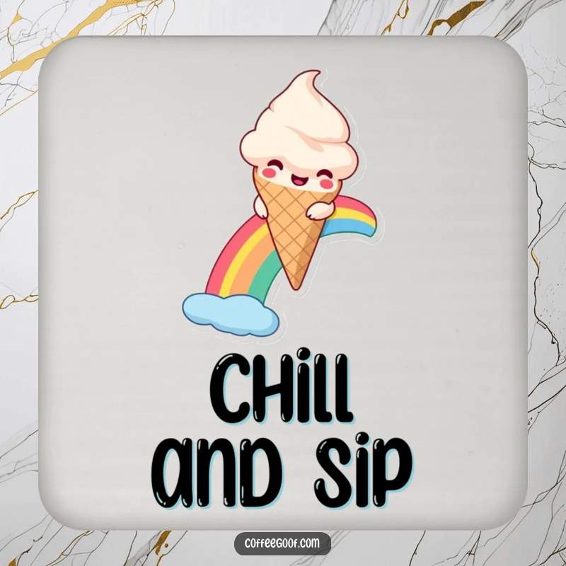 Funny Ice Cream Coasters featuring a smiling anthropomorphic ice cream cone sliding down a rainbow, adding humor to drink service.
