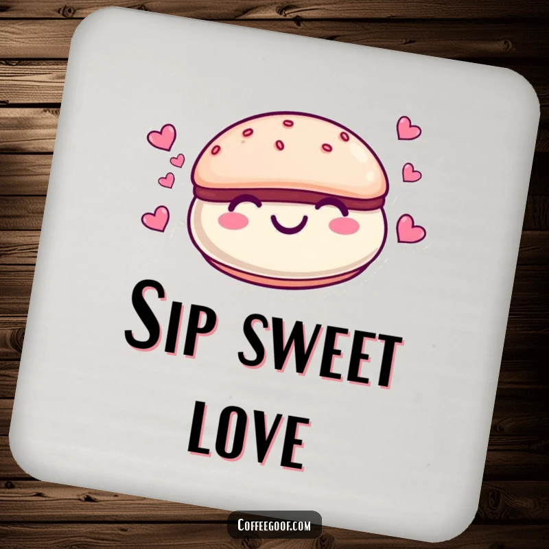 Funny smiling macaroon character with tiny hearts floating around it on a round drink coaster, a cute cartoon accessory