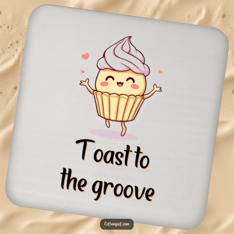 Funny drink coaster with a whimsical muffin character dancing with frosting swirls, protecting surfaces with a sweet, humorous touch.
