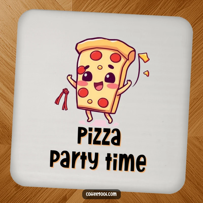 Funny drink coaster featuring a beaming pizza slice character stretching a string of cheese, adding a fun touch.