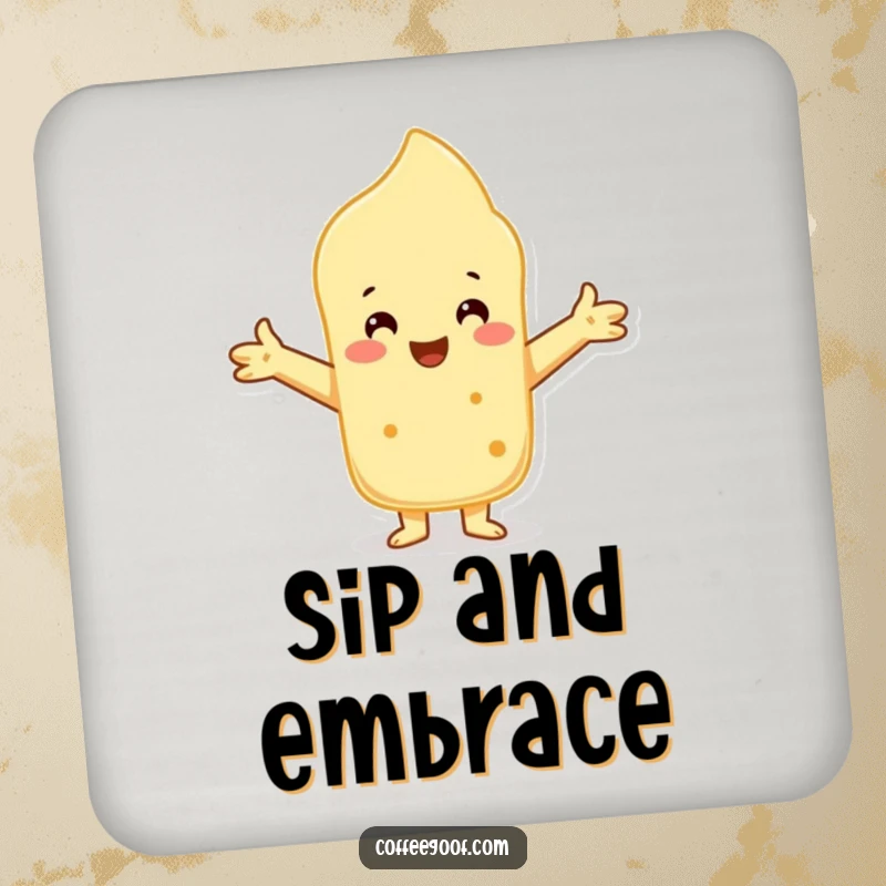 Funny Scone Coaster featuring a welcoming character offering a warm embrace, protecting surfaces with comfort.