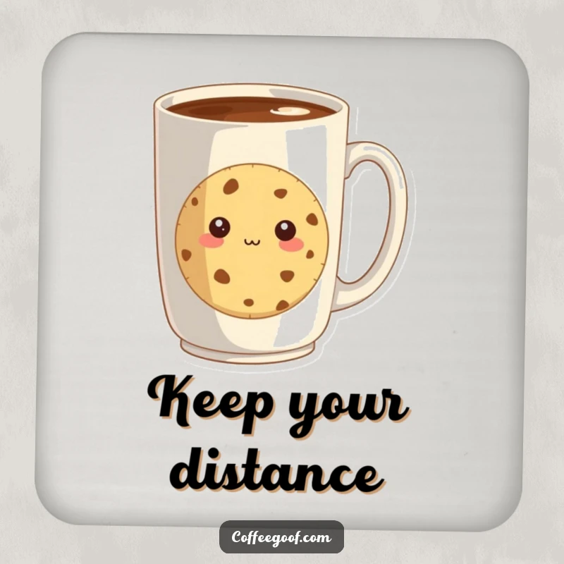 Funny drink coaster depicting a shy cookie peeking from behind a large coffee mug, adding sweet, hesitant charm to beverage service.