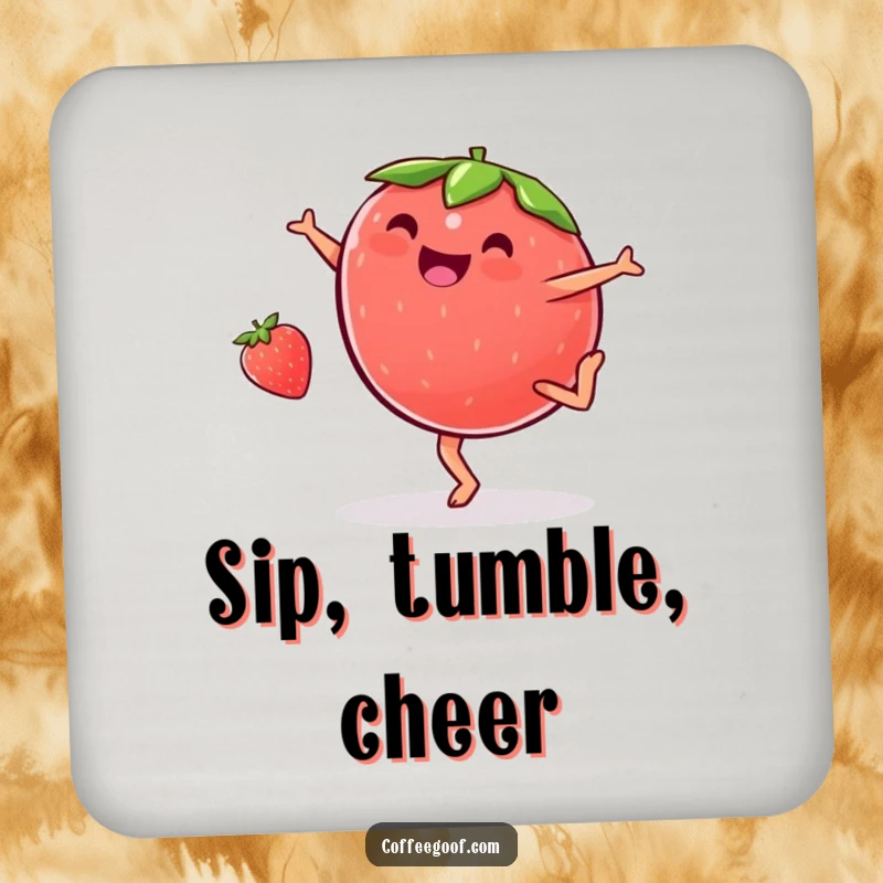 Funny plump strawberry coaster, doing a cartwheel with glee, offering a humorous and protective accent for tabletops.