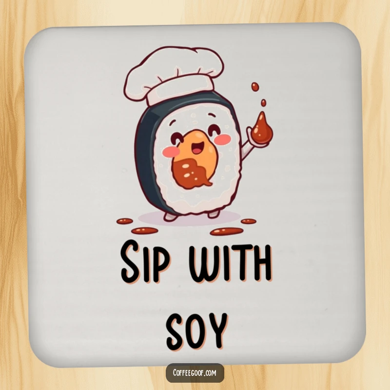 Funny coaster featuring a sushi roll character in a chef hat, juggling soy sauce, adding a humorous and practical touch to any table.