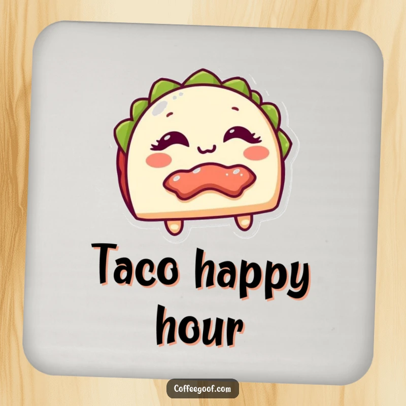 Funny Coaster depicting a giggling taco with its filling peeking out, offering festive protection and humor as a funny gift.