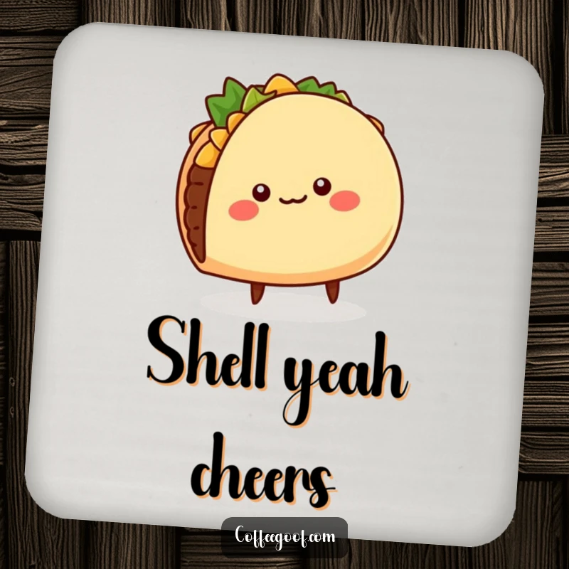 Funny Taco Coasters: A cheerful, round taco character wiggling its shell and tiny legs, protecting surfaces with comedic flair.