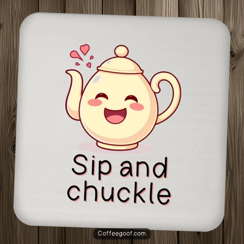 Funny Teapot Giggles Coaster with a happy teapot character pouring out giggles, providing surface protection with a delightful and humorous design.