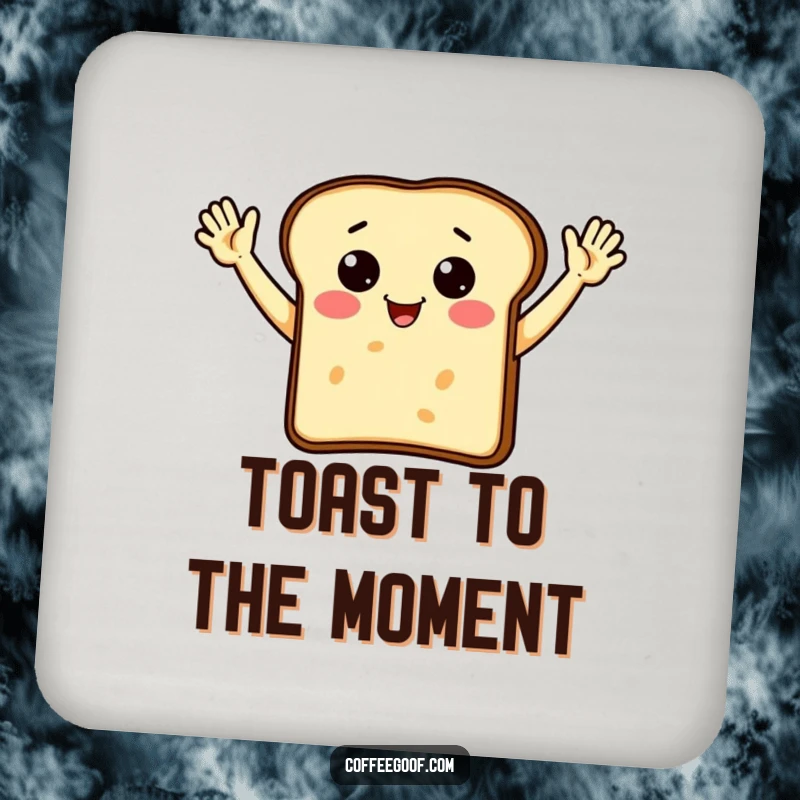 Funny toast character with arms enthusiastically waving, designed as a coaster for surface protection.
