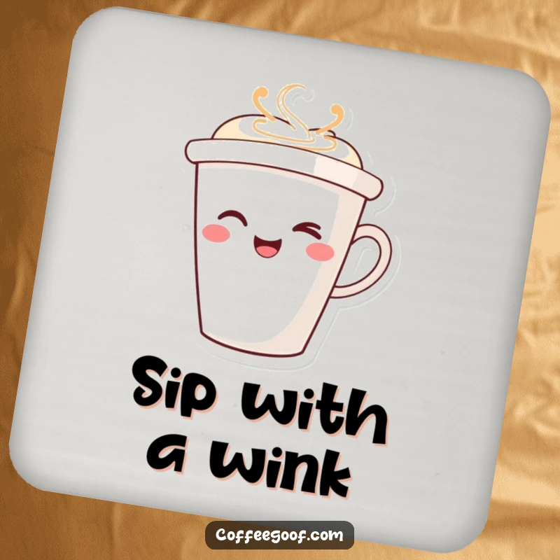 Funny Winking Coffee Cup Coaster with a smiling character winking, providing surface protection with a delightful and humorous design.