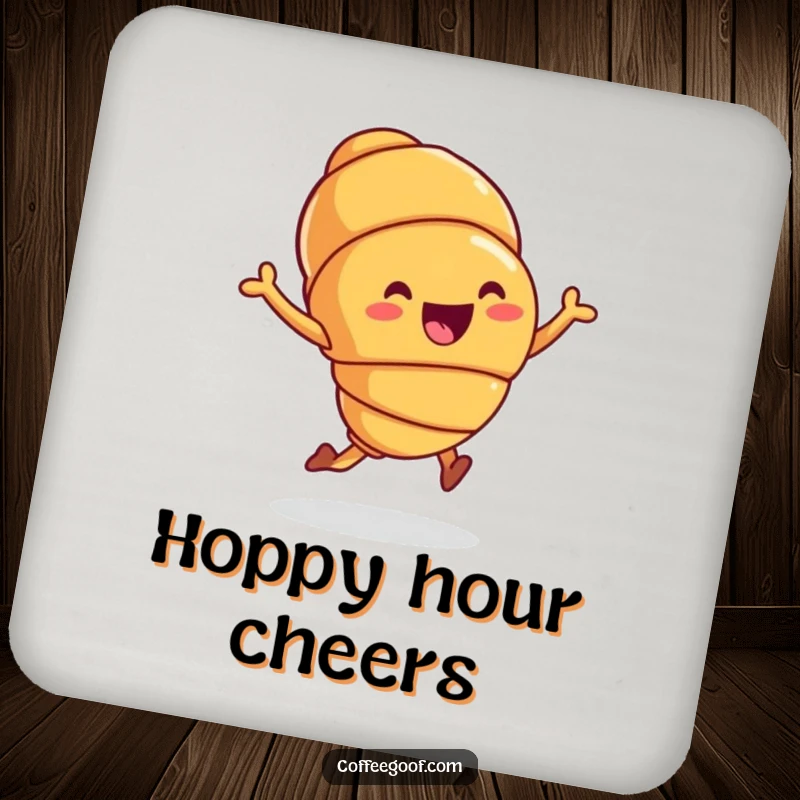 Funny Coaster depicting a joyful hopping croissant, offering whimsical protection and humor as a funny gift.