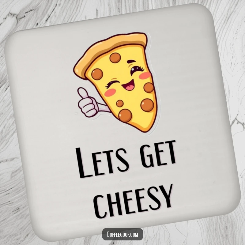 Funny pizza drink coaster featuring a winking slice giving a thumbs-up, protecting surfaces with cheerful, cheesy style.