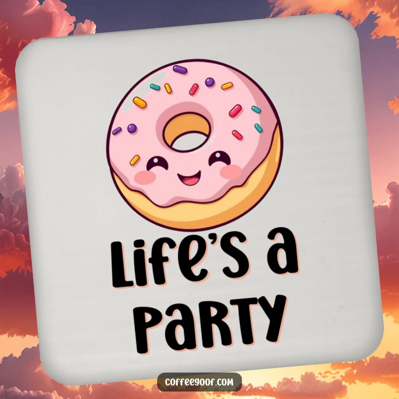 Funny drink coaster with a smiling donut character and lively, bouncing sprinkles, protecting surfaces with a sweet, humorous touch.