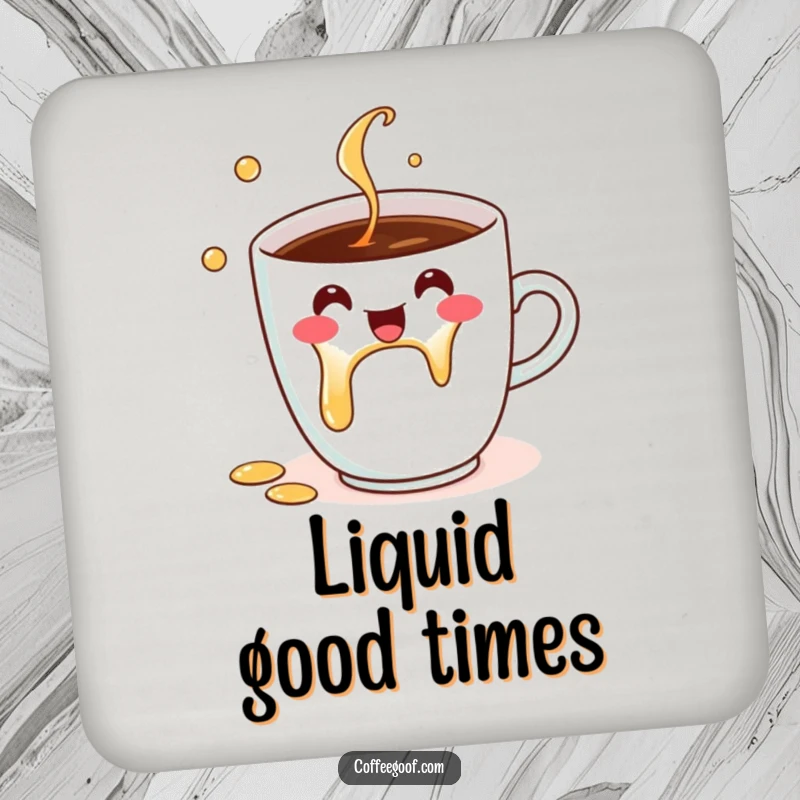 Funny Coaster depicting a cheerful coffee cup character humorously spilling, protecting surfaces with a smile, ideal for a funny gift.