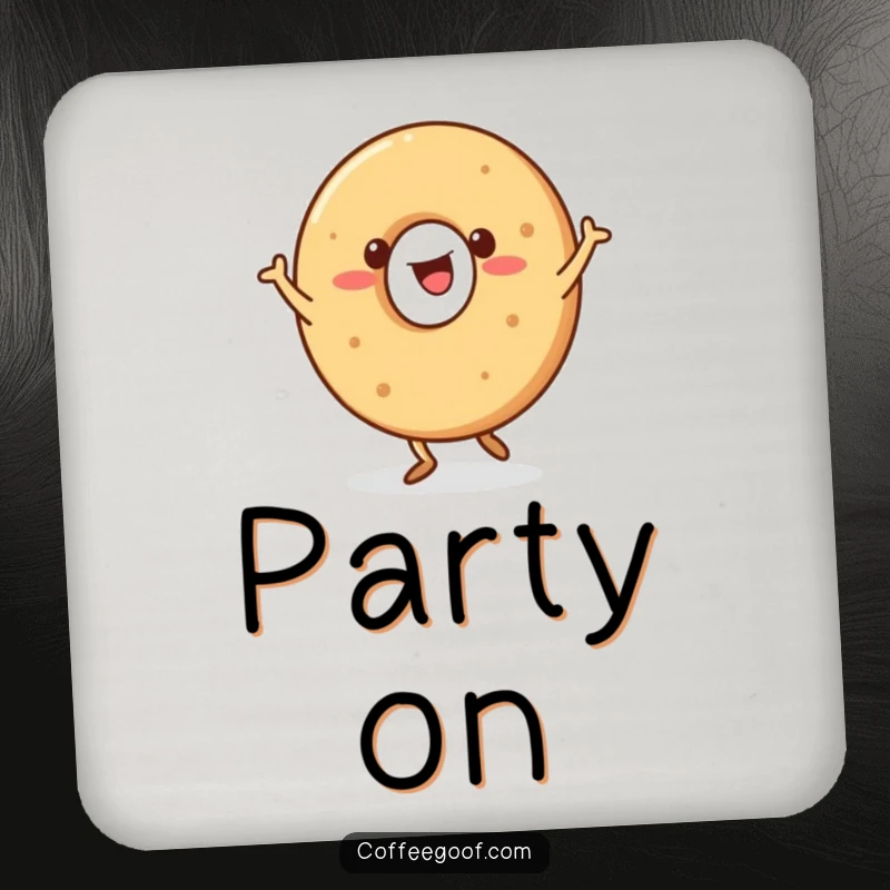 Funny Bagel Coaster featuring a happy bagel character doing a jig, protecting surfaces with cheer.