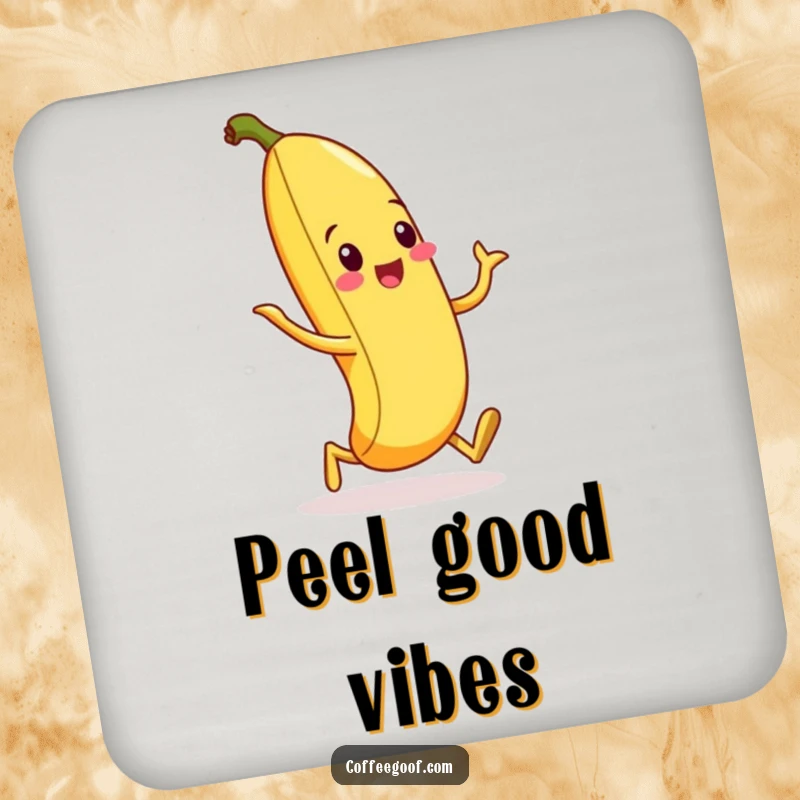 Funny drink coaster featuring a smiling banana peel performing a comical silly walk, adding personality to tables.