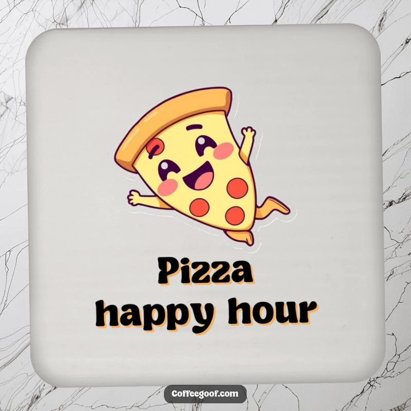Funny pizza slice character giggling and diving featured on a protective drink coaster, adding culinary humor.