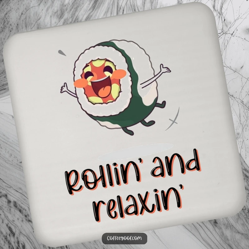 Funny Sushi Roll Drink Coaster: Excited sushi roll character in a wobbly spin, protecting surfaces with playful charm.
