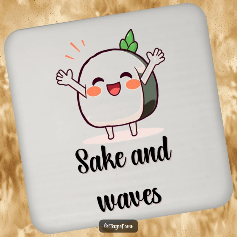 Funny Sushi Coasters featuring a smiling anthropomorphic sushi piece performing a happy wave, adding humor to drink service.
