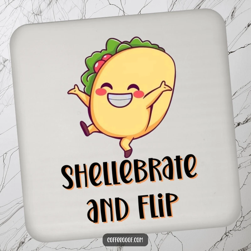 Funny taco coaster, a grinning character doing a cartwheel, designed to protect surfaces with a touch of culinary humor.