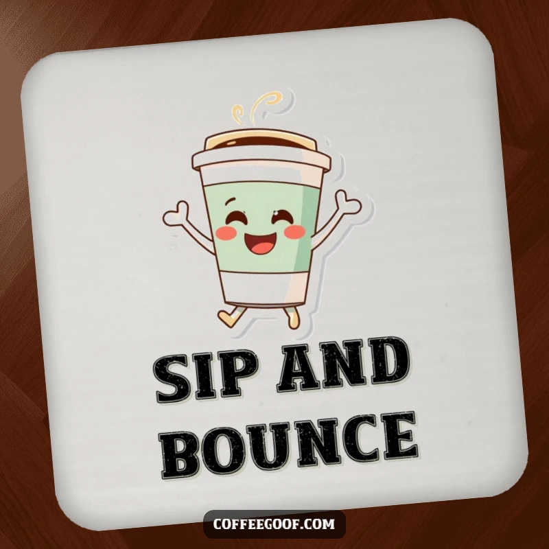 Funny coffee cup coaster, a joyous character bouncing, designed to protect surfaces while adding a touch of humor.