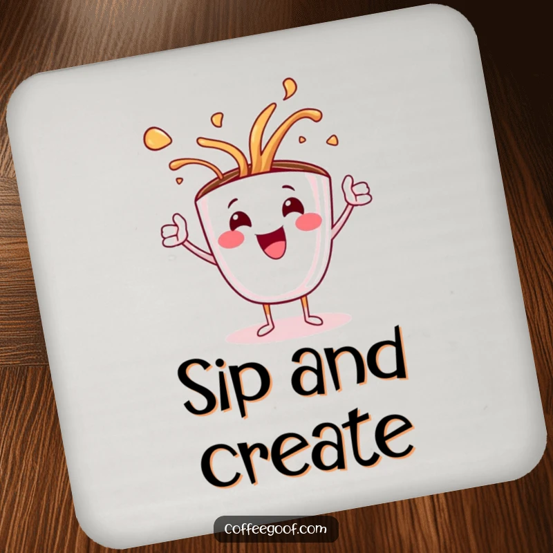 Funny drink coaster featuring a jubilant coffee cup character spilling hot art, protecting surfaces with a splash of humor.