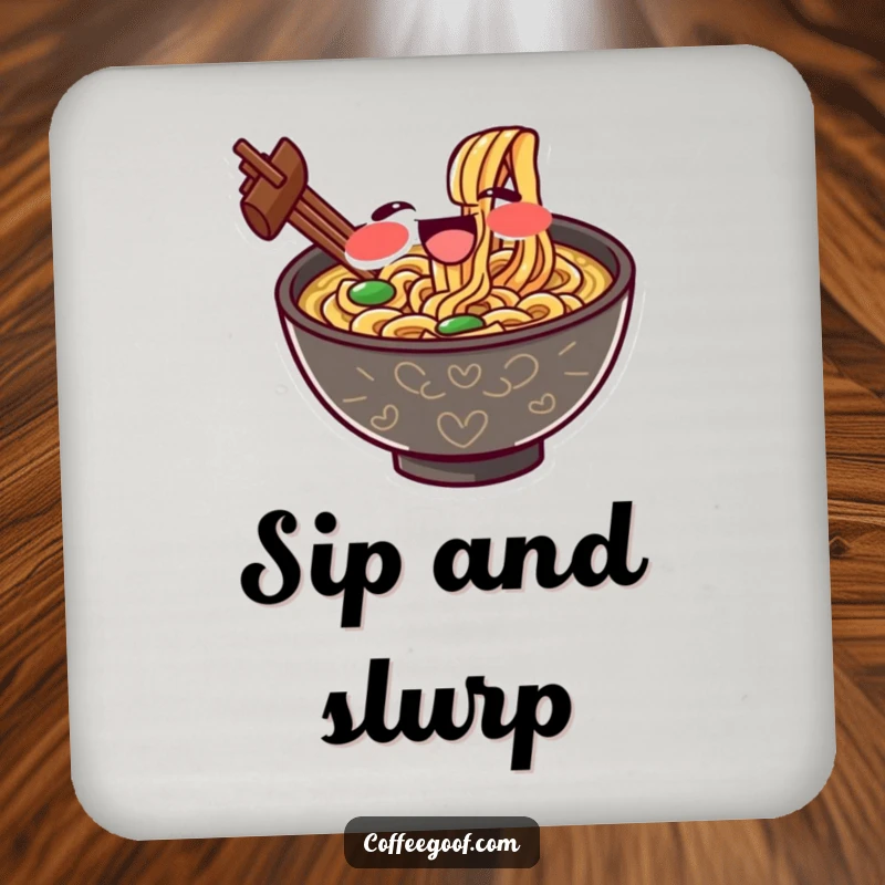 Funny drink coaster with a gleeful ramen bowl character slurping noodles with exaggerated delight, offering humorous surface protection.
