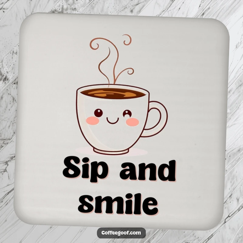 Funny coffee cup with steam forming a smiley face, designed as a coaster for surface protection.