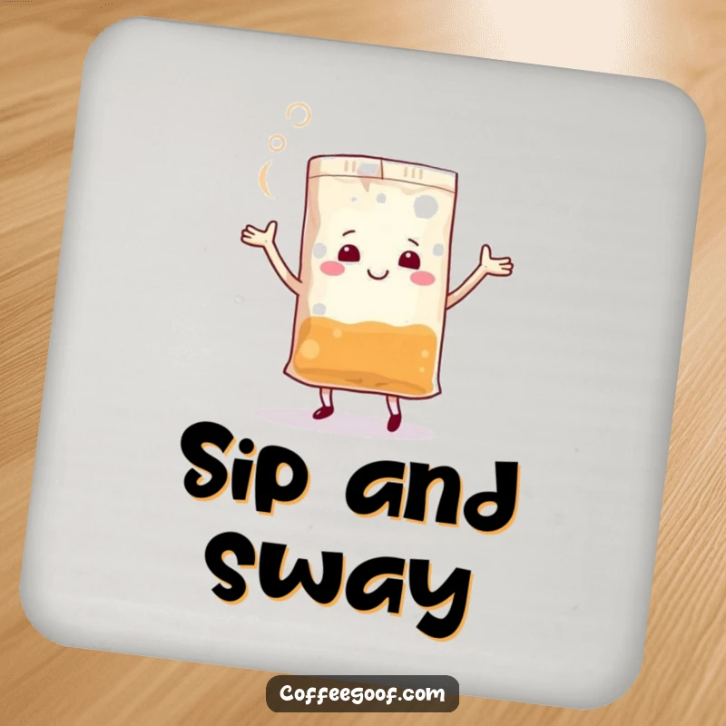 Funny Teabag Coasters featuring a cheerful anthropomorphic teabag dancing with steam, protecting surfaces with humor.
