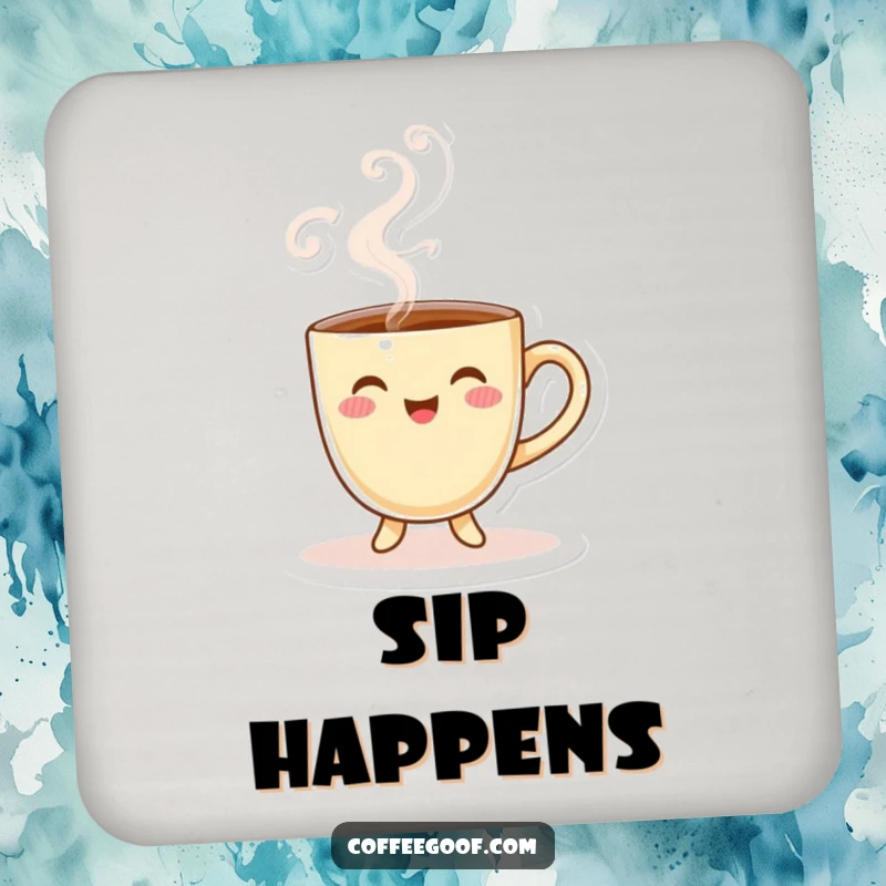 Funny Coffee Cup Coaster featuring a smiling character with playful steam, protecting surfaces with a smile.