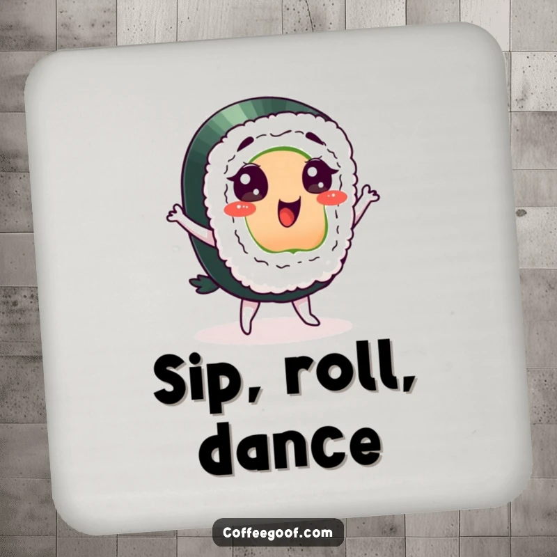 Funny sushi coaster, a delighted character doing a silly dance, designed to protect surfaces with a touch of culinary humor.