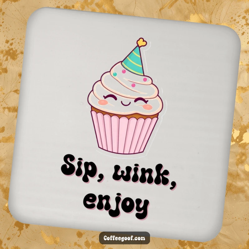 Funny winking cupcake coaster, wearing a party hat, offering a sweet, humorous, and protective accent for tabletops.