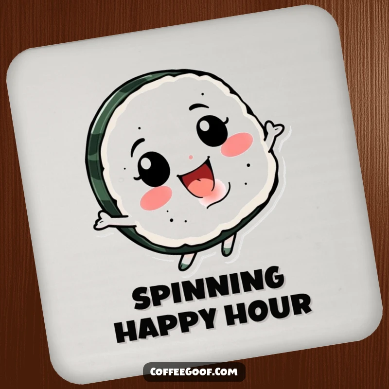Funny Sushi Spin Coaster with a smiling sushi character happily spinning, providing surface protection with a delightful and humorous design.