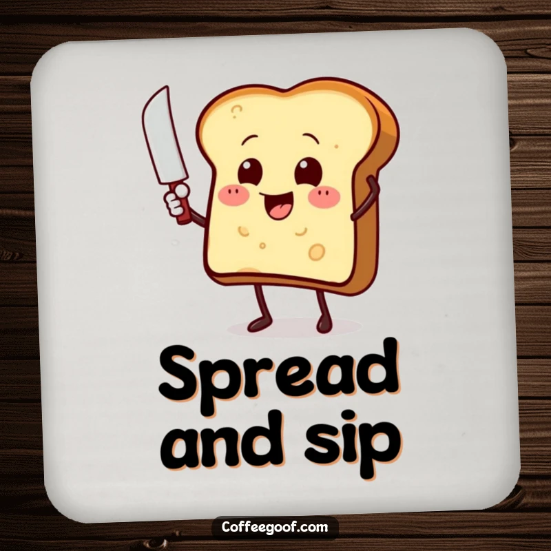 Funny toast character with a butter knife, ready to protect, illustrated on a round drink coaster, adding cartoon charm