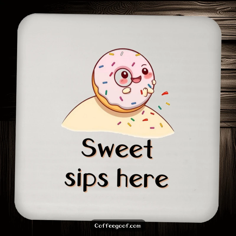 Funny drink coaster featuring a giggling donut character rolling downhill, scattering sprinkles, adding a playful touch.