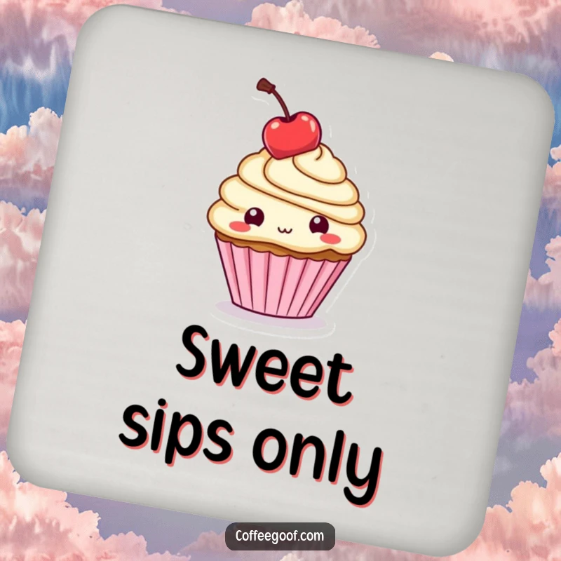 Funny Coaster: A cupcake character playfully balances a cherry on its head, adding a touch of sweet delight to your drink.