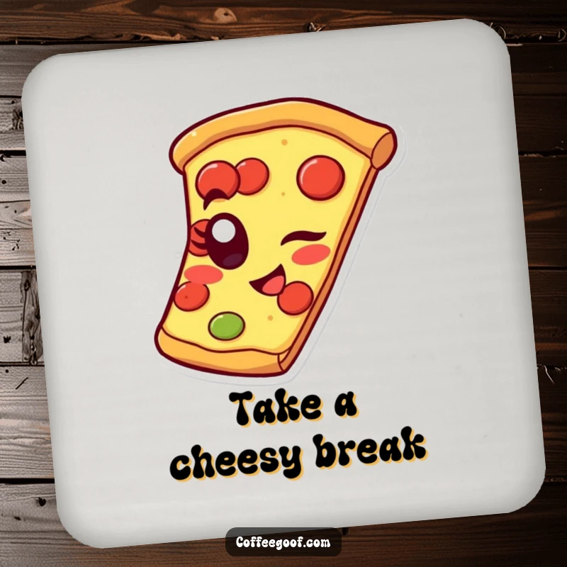 Funny pizza coaster featuring a cheerful slice winking with a pepperoni eye, adding humorous protection to your surfaces.