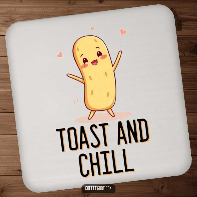 Funny Baguette Coasters featuring a smiling anthropomorphic baguette balancing playfully, adding humor to drink service.