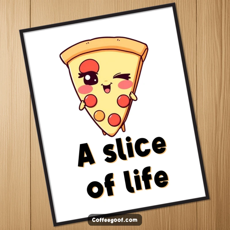 Funny Pizza Poster: A giggling slice of pizza character with a mischievous wink, adding cheesy, humorous vibes to decor.