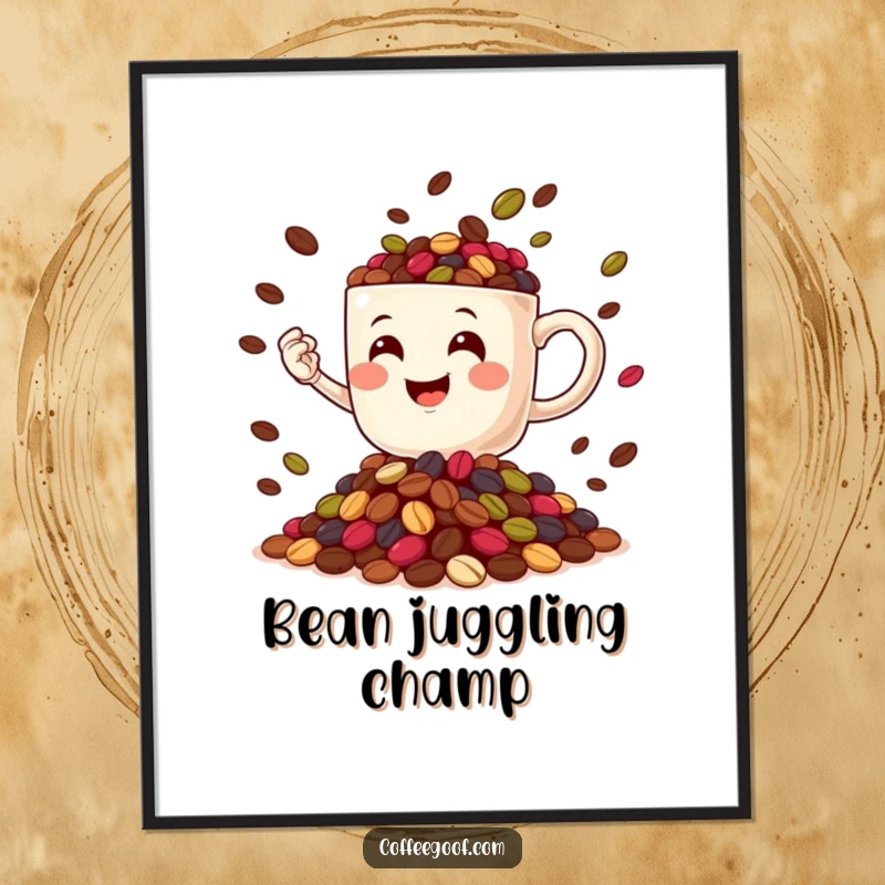 Funny Coffee Mug with a cheerful expression, energetically juggling a colorful heap of coffee beans, a humorous piece of wall art.