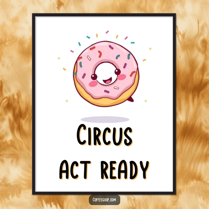Funny poster art depicting a smiling donut with sprinkles flying, doing a cartwheel. Whimsical decor to sweeten any room.