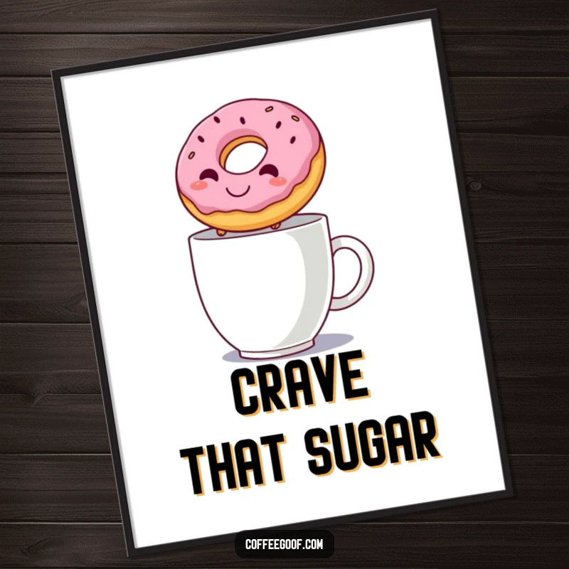 Funny poster artwork of a smiling donut leaping energetically over a steaming coffee mug, perfect wall decor for breakfast lovers.