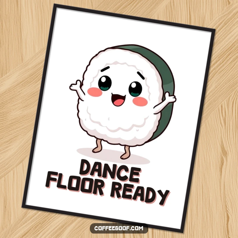 Funny poster art depicting a lively sushi piece with a smile, dancing with abandon. Whimsical decor for kitchens, dining areas, or fun spaces.